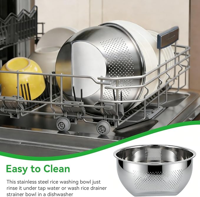 Rice Washer Strainer Bowl, Stainless Steel Rice Washing Bowl Kitchen Washing Basket Basin with Side Drainers Small Colander for Rice, Vegetables & Fruit(22.5CM)