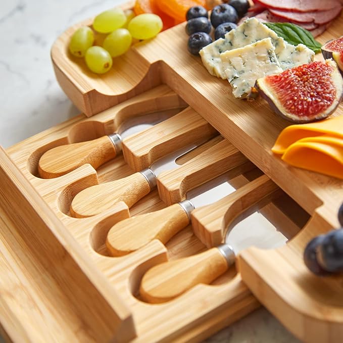 RoyalHouse Bamboo Cheese Board and Knife Set with Slide-Out Cutlery Drawer - Charcuterie Boards Set & Cheese Platter - Birthday Gifts for Women, Wedding Gifts for Couples 2025, Bridal Shower Gifts
