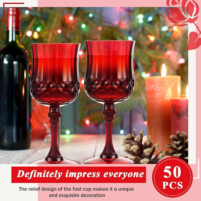 Pinkunn 50 Pcs 7 oz Plastic Vintage Wine Glasses Reusable Colored Goblets Patterned Drinking Water Glasses Cup Dishwasher Safe for Mother's Day Wedding Reception Party Supplies (Red)