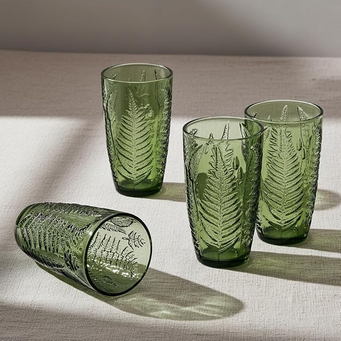 Green Drinking Glasses Set of 4, 16 oz Vintage Hand-Pressed Glass Cups, Fern Textured Highball Tumblers, Antique Style Boho Glassware for Water, Juice, Cocktails & Mocktails, Housewarming Gift Set