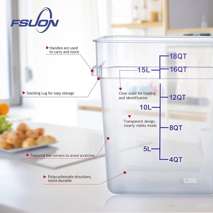 4 Pack 18 Qt Square Polycarbonate Food Storage Containers with Lids | Clear BPA-free PC with lids, side handles, measurement scale and stackable design; for food prep, storage and freezer use.