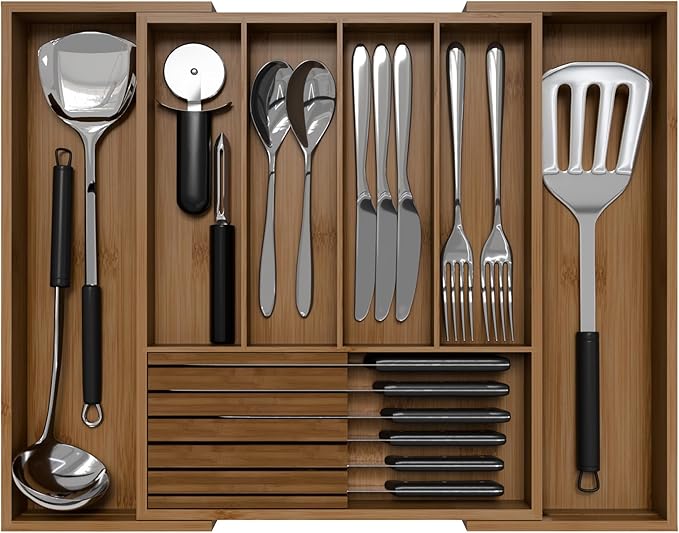 Bamboo Kitchen Silverware Drawer Organizer - Expandable Wood Utensil Holder with Dividers, Luxury Cutlery Storage Tray for Kitchen Utensil and Flatware (5-7 Slots with Removable Knife Block, Walnut)