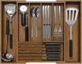 Bamboo Kitchen Silverware Drawer Organizer - Expandable Wood Utensil Holder with Dividers, Luxury Cutlery Storage Tray for Kitchen Utensil and Flatware (5-7 Slots with Removable Knife Block, Walnut)