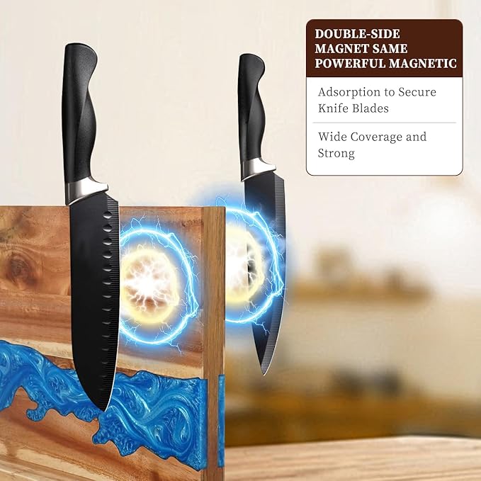 Ocean Magnetic Knife Block, Acacia Wood Knife Holder Stand with Strong Magnets, Double Side Knife Storage Rack for Kitchen (Blue)