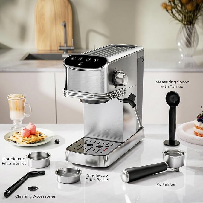 Kismile Espresso Machine 20 Bar, Small Coffee Maker with Milk Frother, Stainless Steel Coffee Machine with 45oz Removable Water Tank for Cappuccino, latte, Silver