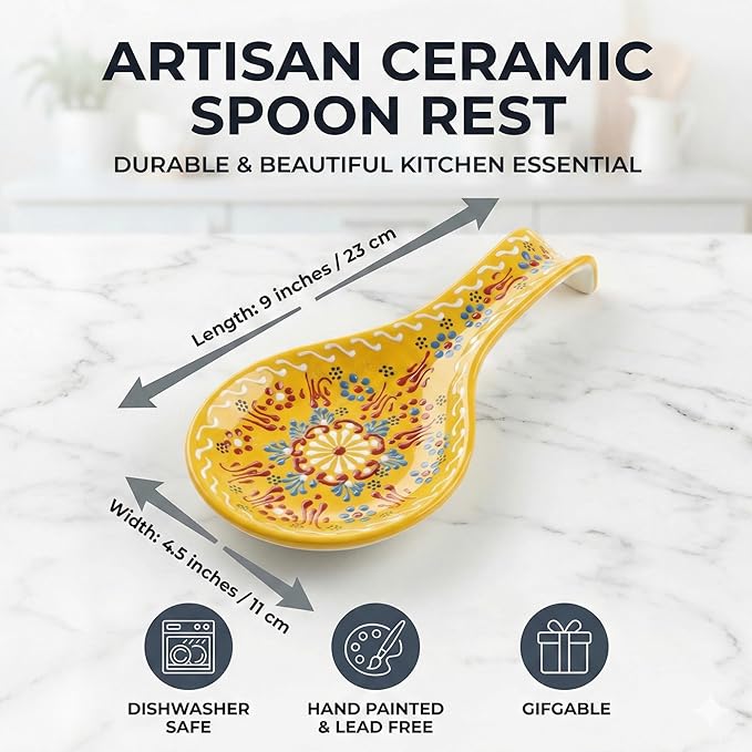 BCS Ceramic Spoon Rest, Large 9” Hand Painted Spoon Holder for Stove Top & Kitchen Counter, Dishwasher Safe & Heat Resistant Utensil Holder, Floral Kitchen Decor, Handmade Pottery