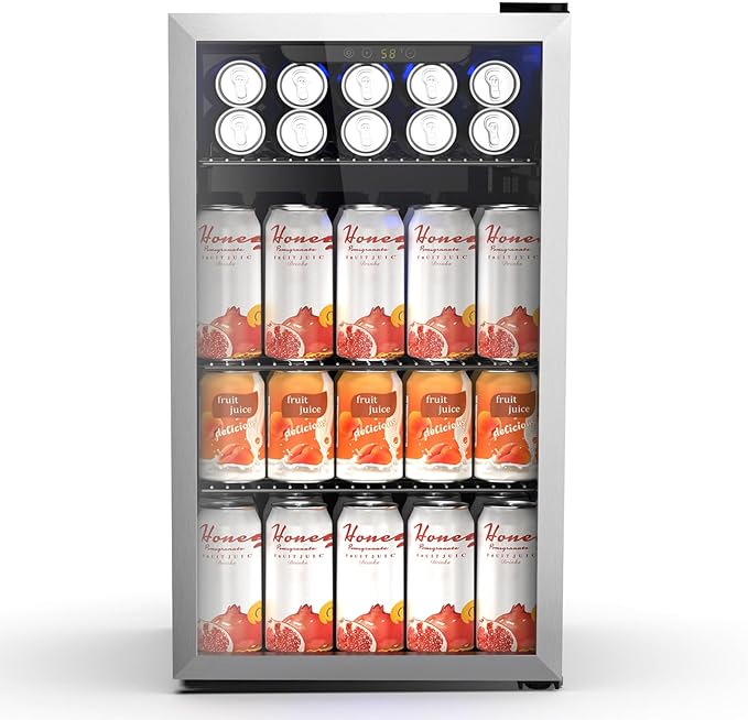 Electactic 130 Can Beverage Refrigerator Built In Freestanding Wine Fridge with Stainless Steel Reversible Glass Door, Quiet Compressor LED Touch Control for Home Kitchen Bar, 3.2 Cu.ft Silver
