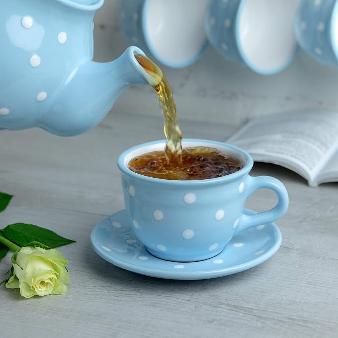 City to Cottage Handmade Light Sky Blue and White Polka Dot Large Ceramic 12oz/350ml Cappuccino Coffee Tea Cup and Saucer, Unique Designer Pottery Gift for Tea Lovers