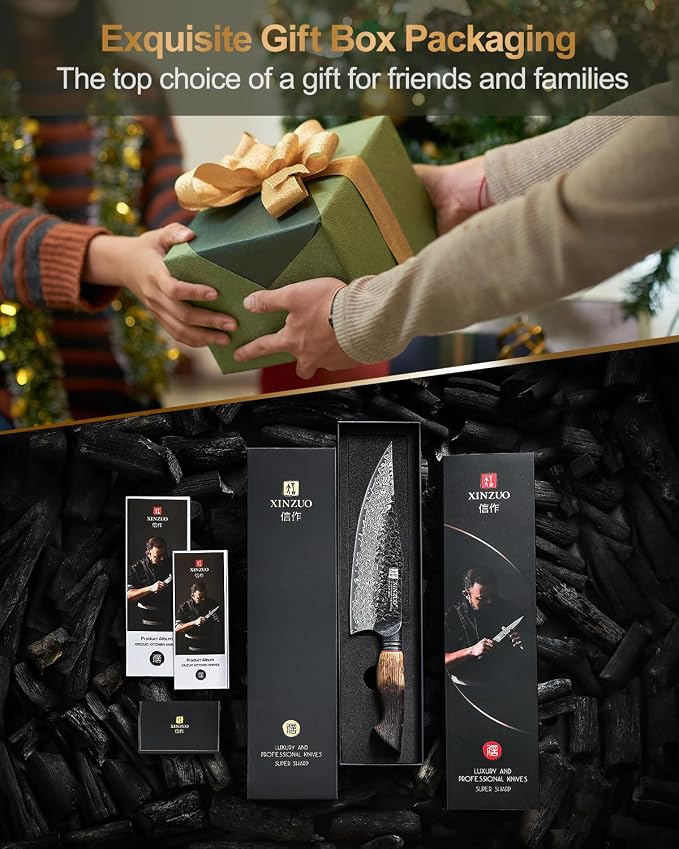 XINZUO 8.6 inch Professional Damascus Chefs Knife,67 Layers Damascus Steel Kitchen Knife,10Cr15CoMoV Steel Core,Very Sharp for Vegetables Meat Cutting for Home Kitchen,Burnt White Oak Wood Handle