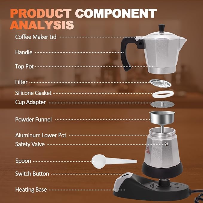 Electric Aluminum Moka Pot 3-6 Cup 150-300ml Stovetop Espresso Maker Portable Electric Expresso Pot Mocha Pot Percolator Italian Coffee Makers Greca Machine Cafe Classic for Home Camping