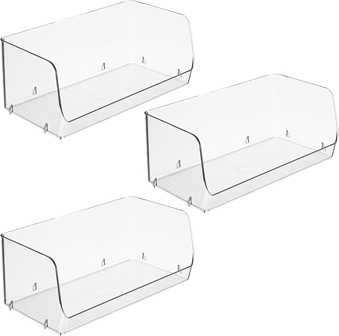 iDesign Stackable Open-Front Storage Bins for Kitchen and Pantry Organization - Set of 3 - Clear