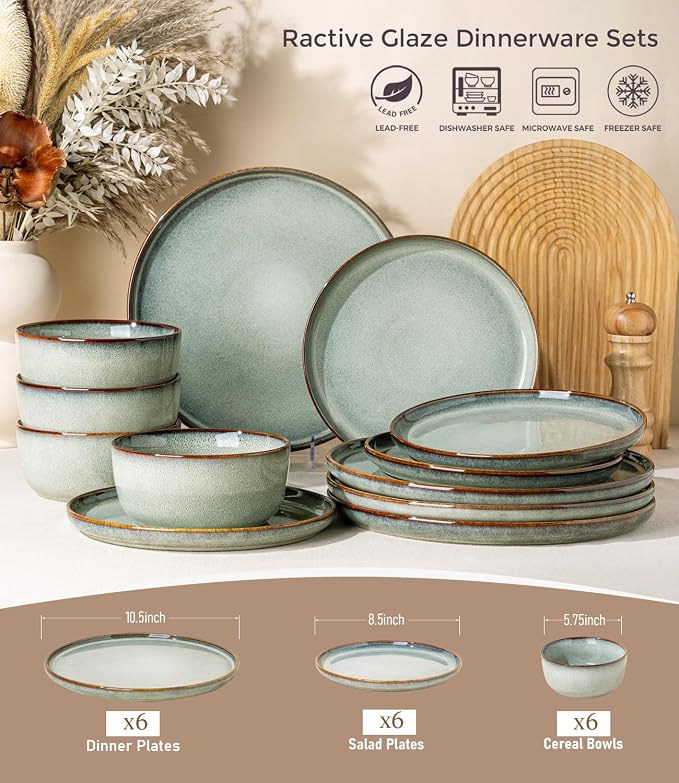 GBHOME Dinnerware Sets for 6, 18 Pieces Stoneware Plates and Bowls Sets, Scratch Resistant Dishes, Dishwasher & Microwave Safe, Reactive Glaze