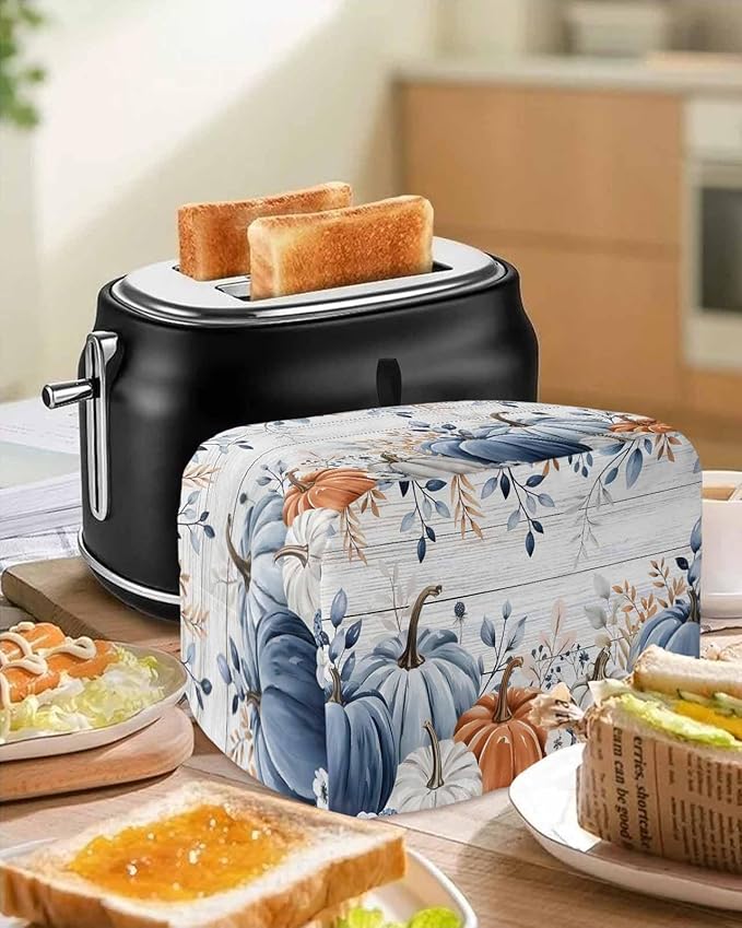 Blue Pumpkins Fall Toaster Cover 4 Slice, Thanksgiving Eucalyptus Leaves Dustproof Bakeware Oven Protector with Hook, Rustic Wooden Waterproof Small Kitchen Appliance Toasters Dust Cover, 12"x11"x8"