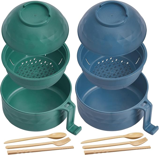 2 Sets Microwave Ramen Bowl 40 oz Wheat Fiber Portable Instant Noodle Cooker Bowl with Handles Strainer Spoon Chopstick Fork College Dorm Room Apartment Essentials(Dark Green,Dark Blue)