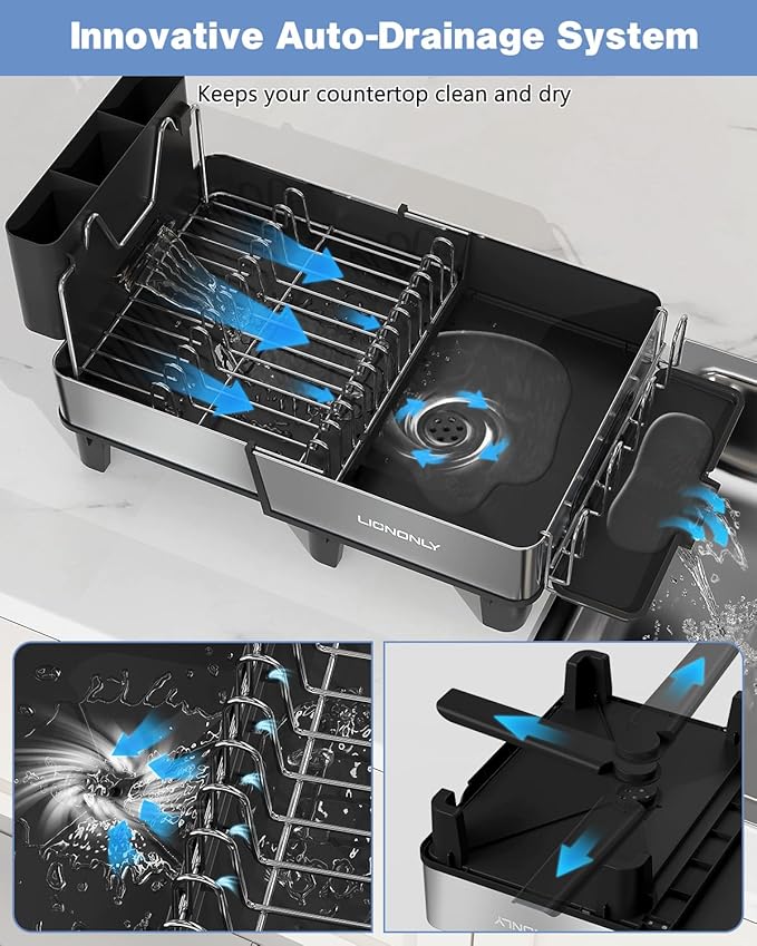 Dish Drying Rack, 304 Stainless Steel Exendable Dish Rack with Adjustable Drain Spout, Large Capacity Dish Drainer with Utensil Holder, Cup Holder and Cutting Board Rack for Kitchen Counter, Black