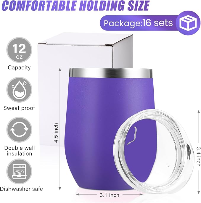 Remagr 16 Pack Stainless Steel Wine Tumblers 12 oz Insulated Vacuum Wine Cup Set Double Wall Stainless Steel Stemless Mug Glasses for Coffee Soda Whiskey Outdoor Travel (Purple)
