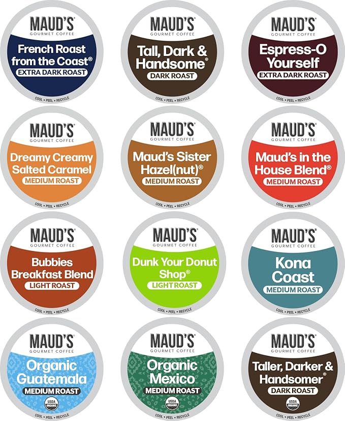 Maud's Family Pack Coffee Pods Variety Pack, 136 ct, 12 Assorted Flavors, Medium Roast Single Serve Pods – 100% Arabica Coffee, Compatible with Keurig K Cups Maker