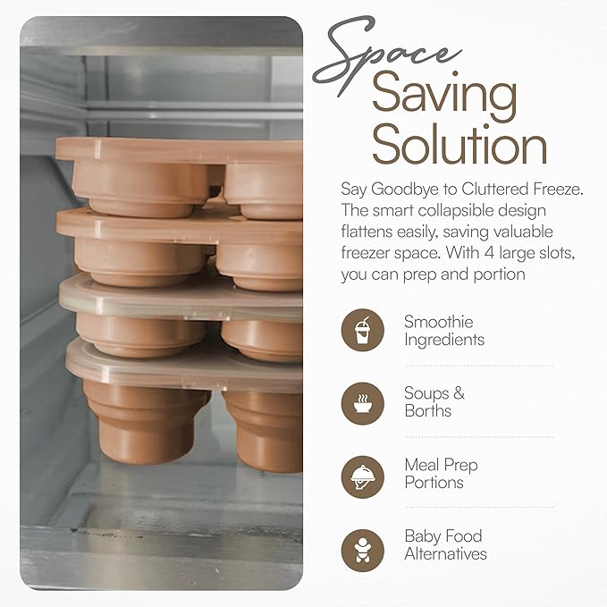 Silicone Freezer Tray with Lid - Stackable 2 oz Large Ice Cube Molds for Homemade Purees, Egg Bites, Broth Food Storage - Dishwasher Safe - CARAMEL