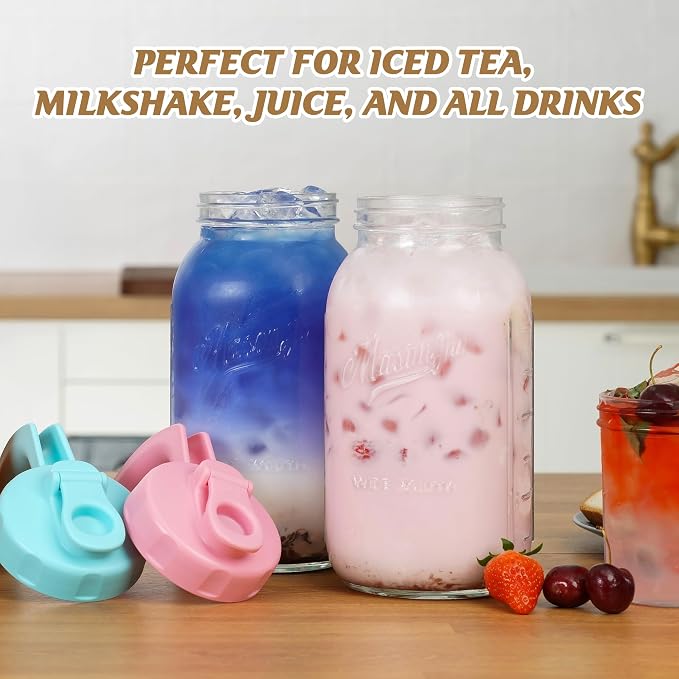 Soligt Glass Mason Jar Pitcher with Lid, Wide Mouth Flip Cap Pour Spout Leak-proof Lid with Handle, 64 oz (2 Quart / 1.9 Liter), for Iced Coffee/Sun Tea Juice/Cold Brew Coffee/Milk (1Pack, Baby Blue)
