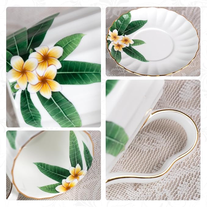 KAMMAK Tea Cups and Saucers Set of 2, Porcelain Coffee Cups, Stackable Espresso Mugs, Ceramic Demitasse for Coffee, Cappuccino, Latte, Americano, Tea, Green Leaf Frangipani