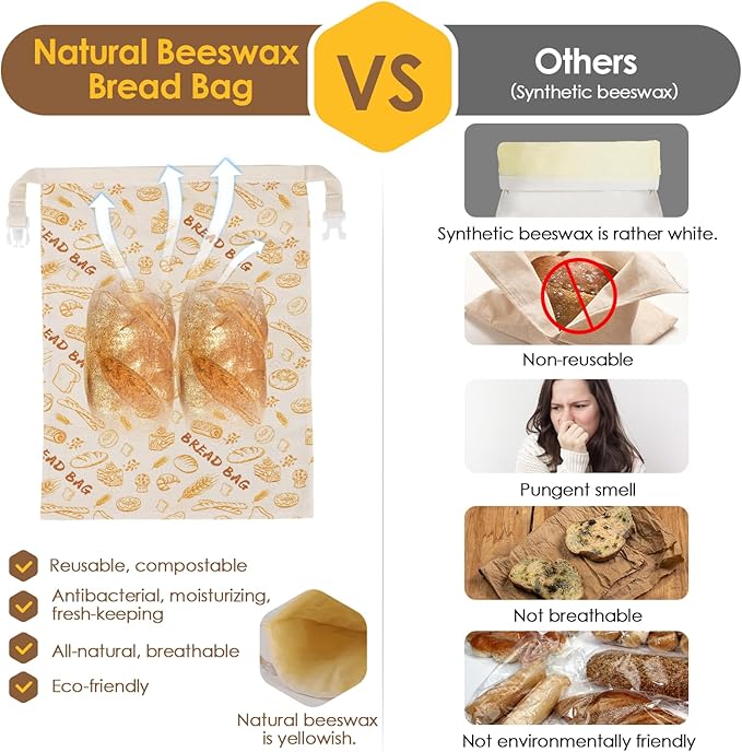 2-Pack pure cotton Reusable Beeswax Bread Bags - Large 17x13 Inch for Sourdough & Homemade Bread Storage | All-Natural Beeswax Preservation, Eco-Friendly Cotton Food Bags - Easy to Clean & Daily Use
