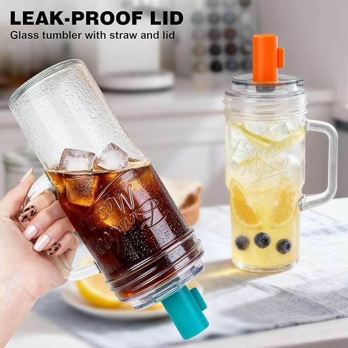 ANOTION Bamboo Mason Leakproof Mason Jar Cups with Lids and Straws, Cap Cup 24oz Glass Tumbler with Handle, Rotating Lid Silicone Straw, Reusable Iced Coffee Matcha Cup Coffee Gifts for Women 2pc