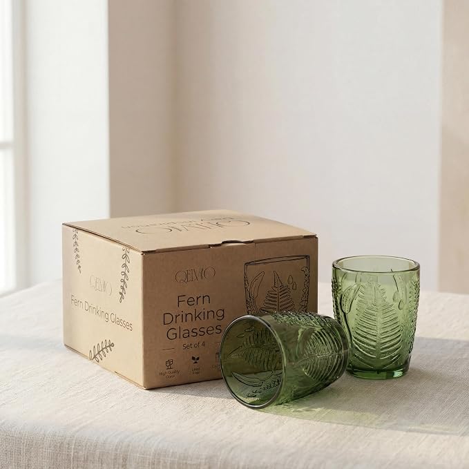 Green Drinking Glasses Set of 4, 10 oz Hand-Pressed Old Fashioned Glass Cups, Fern Textured Retro Lowball Tumblers, Vintage Glassware for Water, Whiskey, Wine, Cocktails & Juice, Housewarming Gift Set