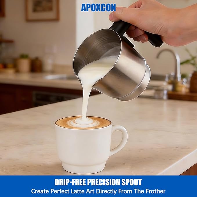 APOXCON Milk Frother and Steamer, Automatic Warm & Cold Foam Maker with Stainless Steel Jug, Detachable Electric Coffee Frother for Cappuccino, Latte, Hot Chocolate