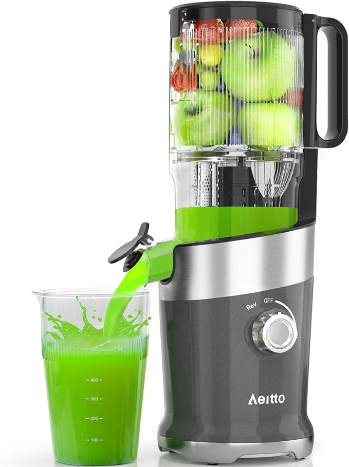 Cold Press Juicer，Aeitto 4.9" Large Feed Chute Juicer Machines for Whole Fruits & Vegetables,High Juice Yield,Professional Masticating juicer Easy to Clean,Grey
