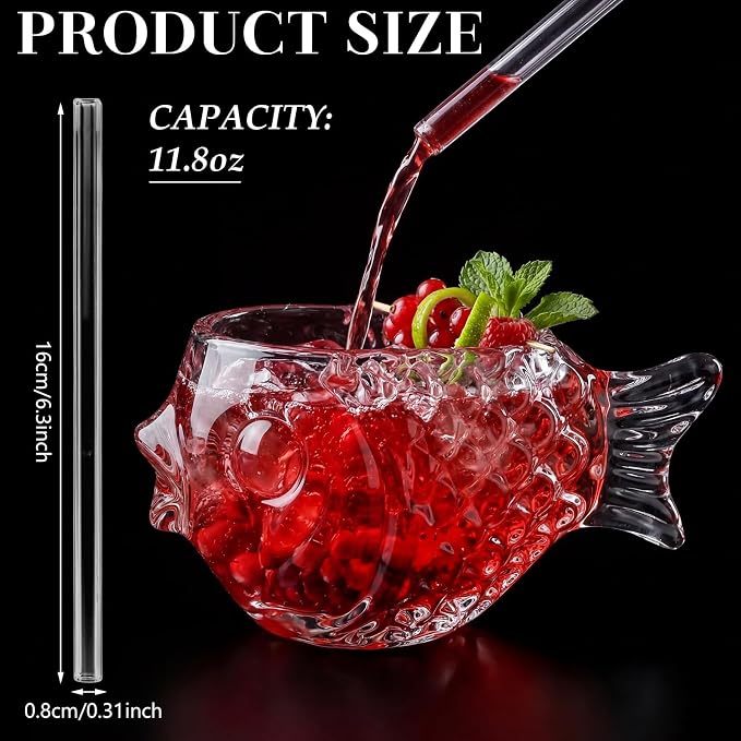 4 Set Fish Tiki Glasses, 11.8 oz Creative Fish Cocktail Glasses with Straws Clear Funny Whiskey Drinks Tumbler Unique Wine Mugs for Ocean Themed Bars Beach Party Wedding Home Decor