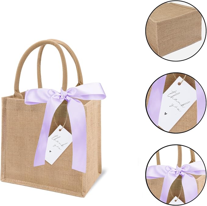 6 Pack Burlap Tote Bags with Handles Reusable Mini Jute Gift Bags with Purple Silk Ribbons Waterproof Lining for Wedding Bridesmaid Mother's Day Bachelorette Beach Party