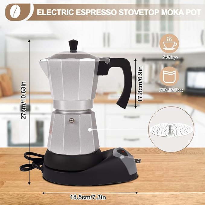 Aluminum Electric Moka Pot 3-6 Cup 270ml Express Coffee Maker Stovetop Espresso Portable Coffeemaker Italian Classic Brewing Greca Cafe Mocha with Removable Base and Overheating Protection Machine
