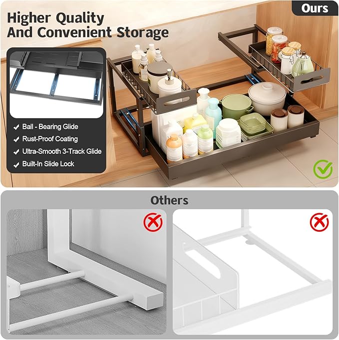 Buwico Expandable under cabinet organizer, 2-Tier under sink organizer with Reinforced Ball-Bearing slide rail, Slide-Out sink Shelf Height Adjustable, Durable and rust-proof for Kitchen & Bathroom