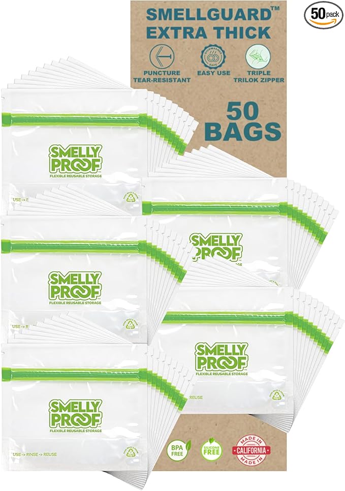 Smelly Proof 50 x Reusable Food Storage Bags, Reusable Snack Bags, Stand-Up Expandable “Stand & Fill”, Dishwasher-Safe, Clear 3-Mil 6” x 4”, US Made, BPA FREE, NO PEVA, 50-pk