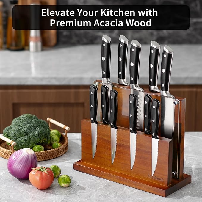Magnetic Knife Block Extra Large Four-Side Kitchen Knife Holder With Strong Magnetic Strips -Acacia Wood Universal Knife Storage Organizer with Acrylic Shield No Drilling Rack for Kitchen Counter