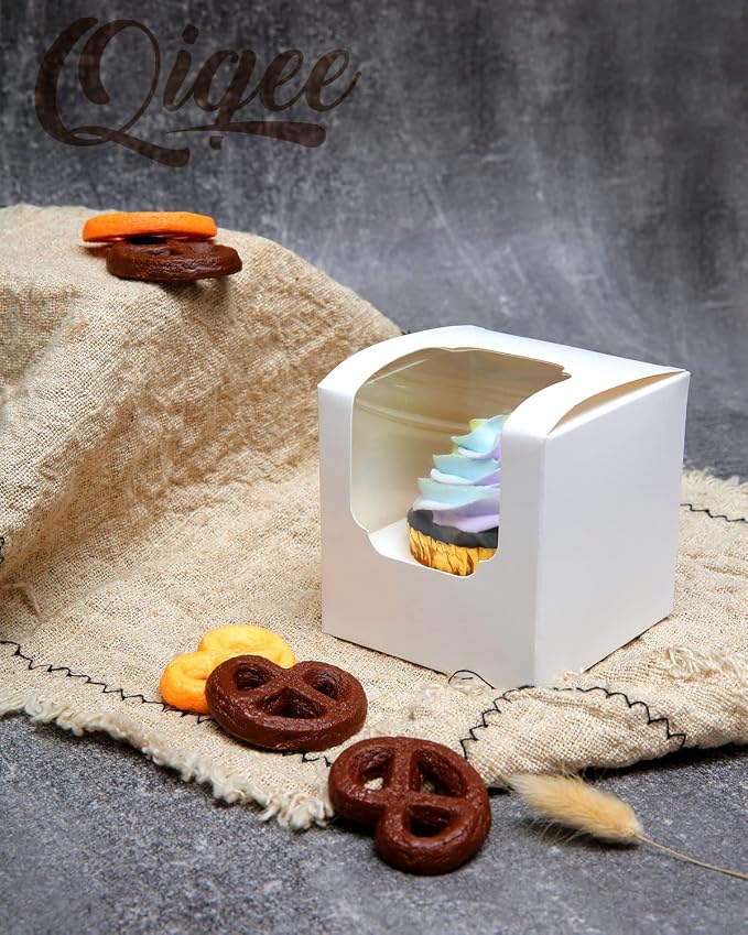 qiqee Cupcake Boxes 200-Packs Individual Cupcake Container White 3.5" x 3.5" x 3.5" Single Auto-pop up Cupcake Boxes