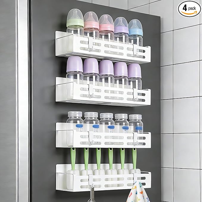4 Pack Magnetic Baby Bottle Organizer for Refrigerator, Space Saving Bottle Organizer Rack, Durable Metal Shelves with 8 Hooks, Storage for Baby Bottles, Pacifiers, and Brushes