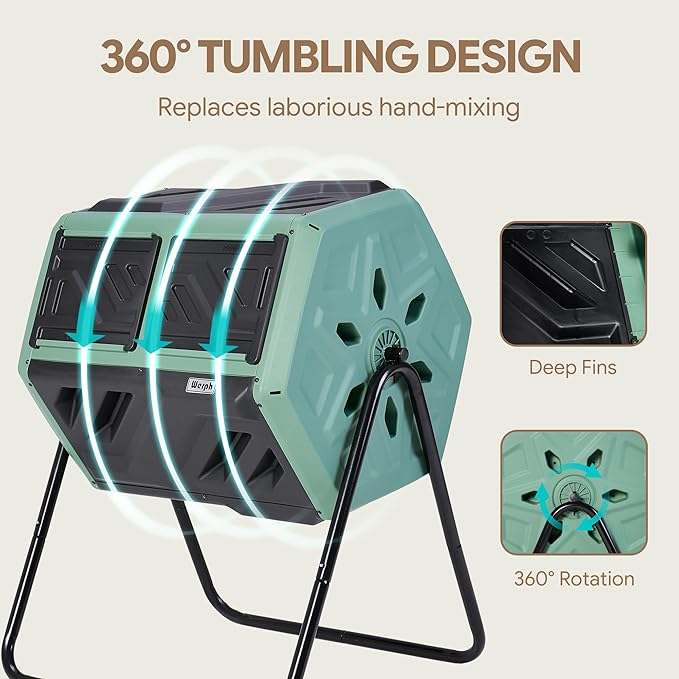 Werph Updated 43 Gallon Dual-Chamber Compost Bin, Fast Assembly Rotating Outdoor Compost Tumbler, Batch Composter with Gloves for Garden, Kitchen, and Yard Waste, Green & Black