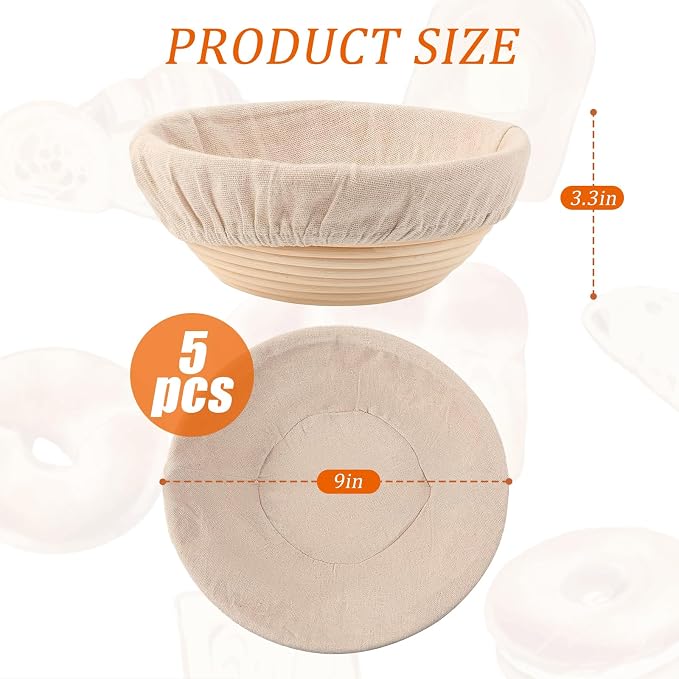5 Pack Round Banneton Proofing Basket Set 9 Inch, Natural Rattan Sourdough Bread Bowls with Linen Liners, Dough Baking Supplies for Professional & Home Bakers(9" Round, Set of 5)