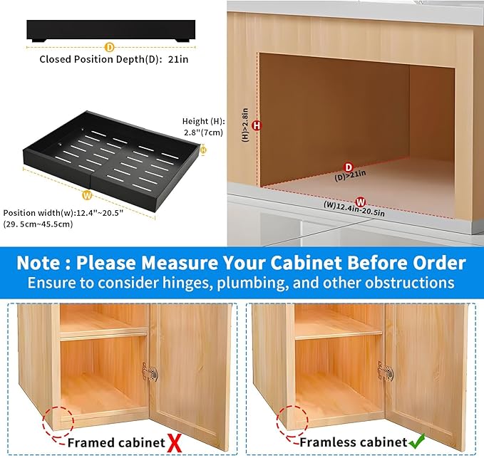 PYOF 2 Pack Pull Out Cabinet Organizer - 21" Deep Pull Out Drawers for Cabinets Expandable(12.4"-20.5") with Adhesive Nano Film Slide Out Drawers for Kitchen Cabinets Shelves Pantry Bathroom (Black)