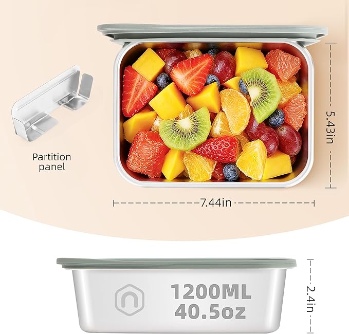 Stainless Steel Bento Box for Kids Adults, 1200ml/40oz with Removable Divider, Airtight Leak Proof Glass Lid, Freezer & Dishwasher Safe Lunch Box (40.58oz)