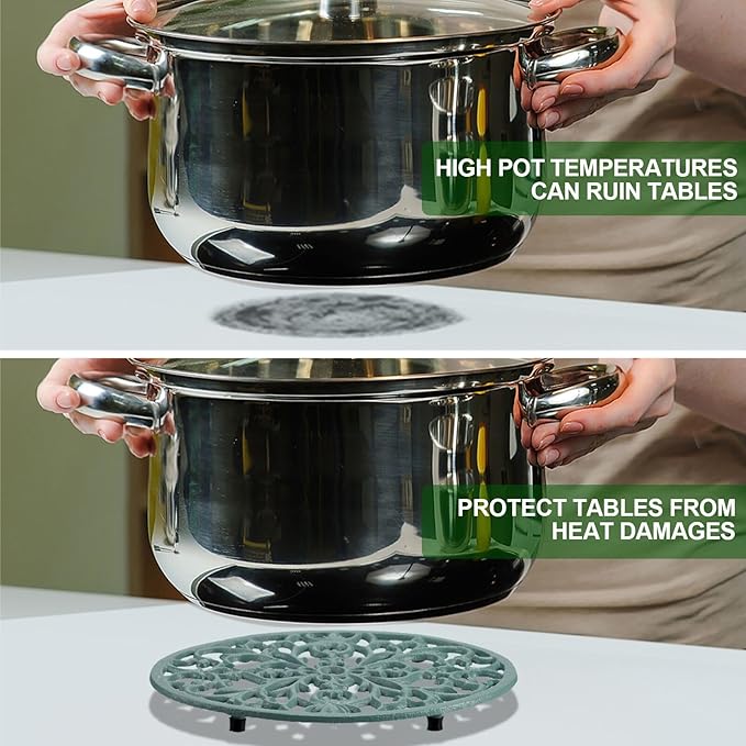 2 Pack Cast Iron Trivets, Green Oval Trivet 9.6"x7.3", Heat Resistant Metal Trivets for Hot Dishes Pots Pans Plates Teapot, Heavy Duty Cast Iron Pot Holder for Kitchen Countertops Dining Table