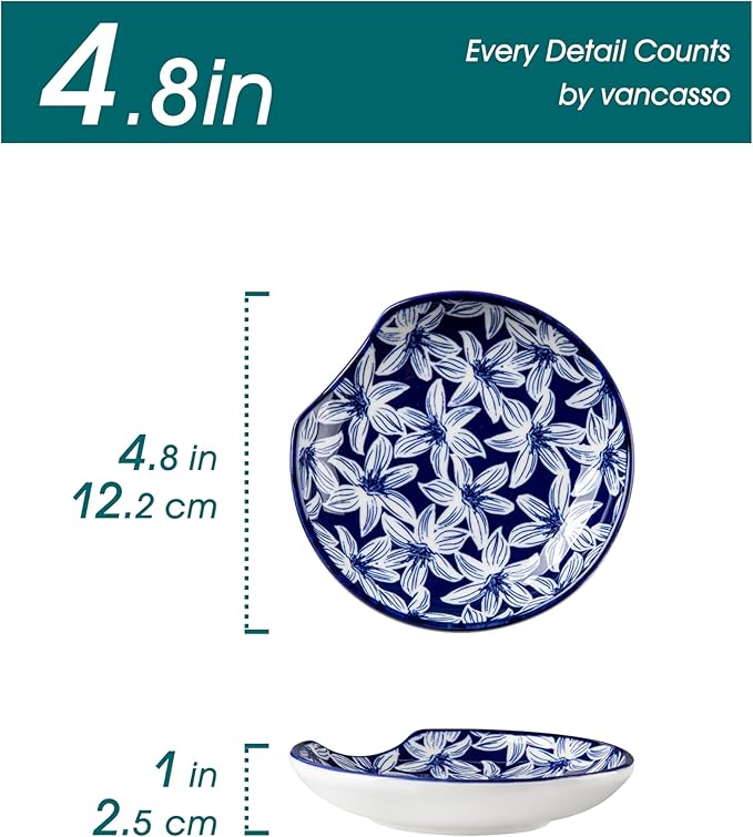 vancasso 6-Pack Ceramic Spoon Rest for Stove Top, Decorative Ceramic Cooking Spoon Holder for Kitchen Counter, 4.8 Inch Blue White Chinoiserie Floral Spoon Rest, Farmhouse Style, Heat-Resistant