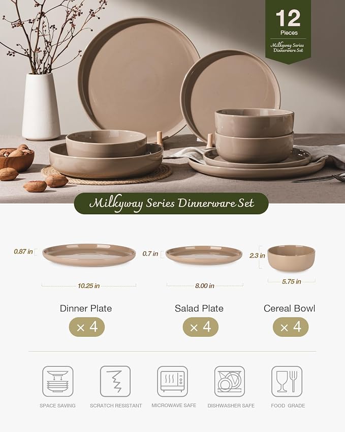 Famiware Milkyway Plates and Bowls Set, 12 Pieces Dinnerware Sets, Dishes Set for 4, Cinnamon Brown