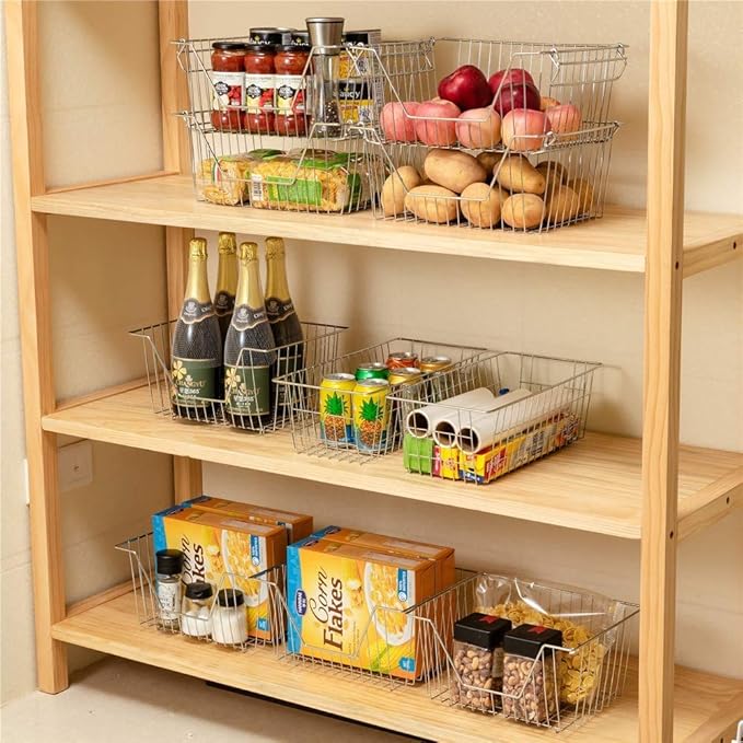 Stackable Wire Metal Baskets Storage Bins Fruit Vegetable Organization Pantry Cabinet Metal Bin for Kitchen Pantry Freezer Cabinet, Set of 6