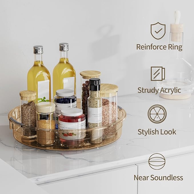 LAMU 3 Pack Lazy Susan Organizer Turntable for Cabinet, Condiment Organizer for Kitchen Pantry Organizers and Storage, Table Top, Fridge, Countertop, Spice Organization, 12'' 10.6'' 9.25'', Amber