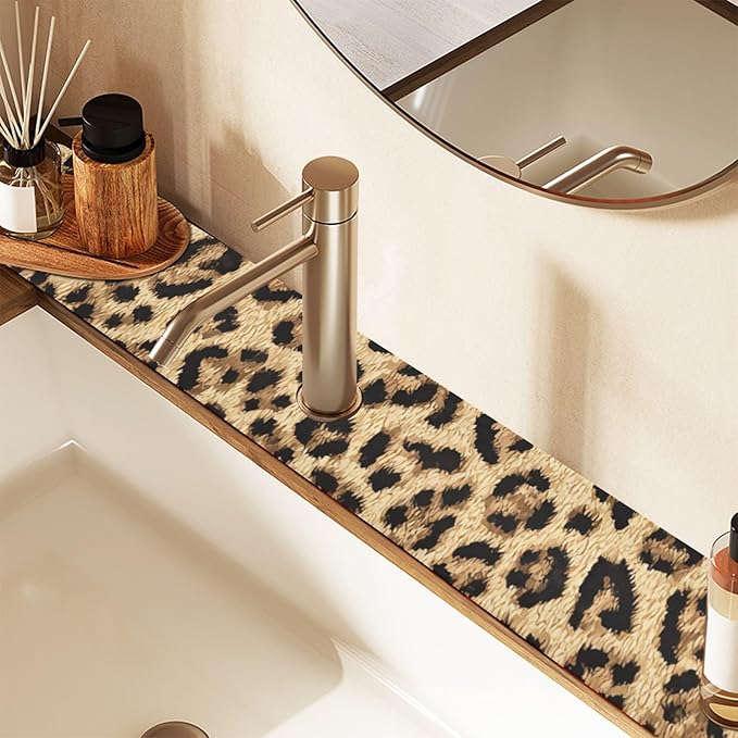 Kitchen Sink Splash Guard 1 PC 30 Inch Sink Faucet Mat Splash Guard for Bathroom Countertop Water Absorbent Foldable Cuttable Soft Washable Classical Leopard Print
