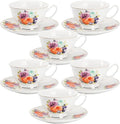 BTaT- Floral Tea Cups and Saucers, 8 oz, Fine Porcelain Teacup Set with Gold Trim for Afternoon Tea, Weddings, Parties & Gifting, Dishwasher Safe, Lightweight, Non-Toxic, Set of 6