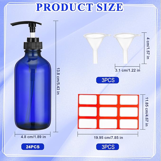Tanlade 24 Pcs 8 oz Glass Pump Bottle Empty Bottle Glass Soap Dispenser with Pump Refillable Containers and Labels Funnels for Essential Oils Cleaning Products Lotions Conditioner(Blue)