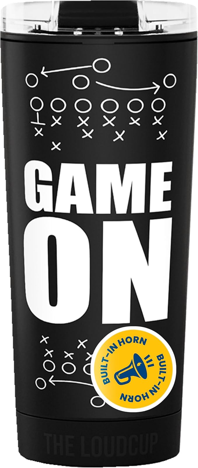 The LoudCup Blow Horn Tumbler, Cheer & Sip 2-in-1 Reusable Water Bottle with Built-In Horn for Sports Games, Tailgates, Parties & Events, BPA-Free, 16 oz, Game on - Black